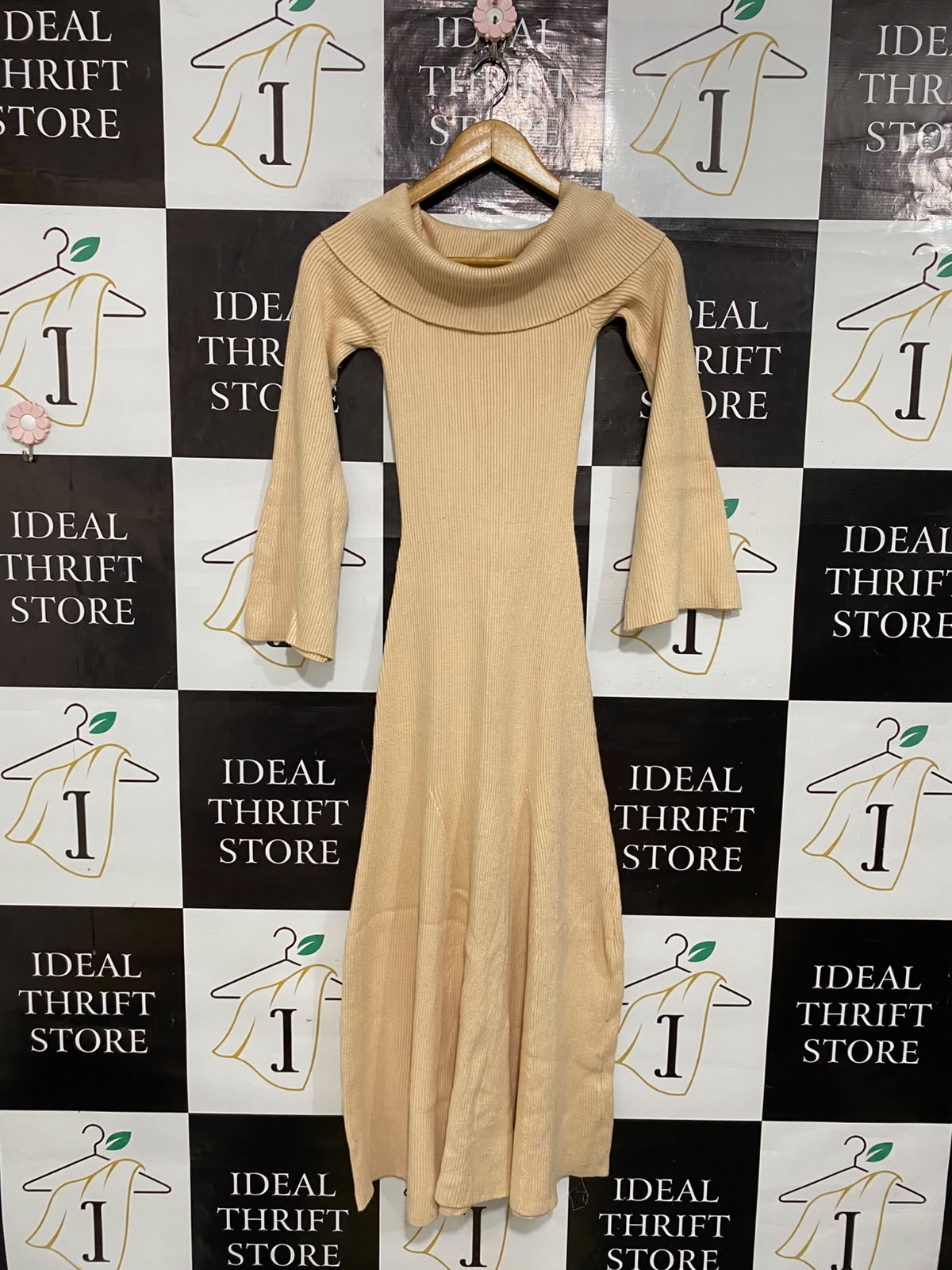 TUSSAH |XS| BUST 10| A62| BEIGE COWL-NECK OFF-SHOULDER TECHNICAL UTILITY MIDI DRESS