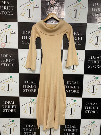 TUSSAH |XS| BUST 10| A62| BEIGE COWL-NECK OFF-SHOULDER TECHNICAL UTILITY MIDI DRESS