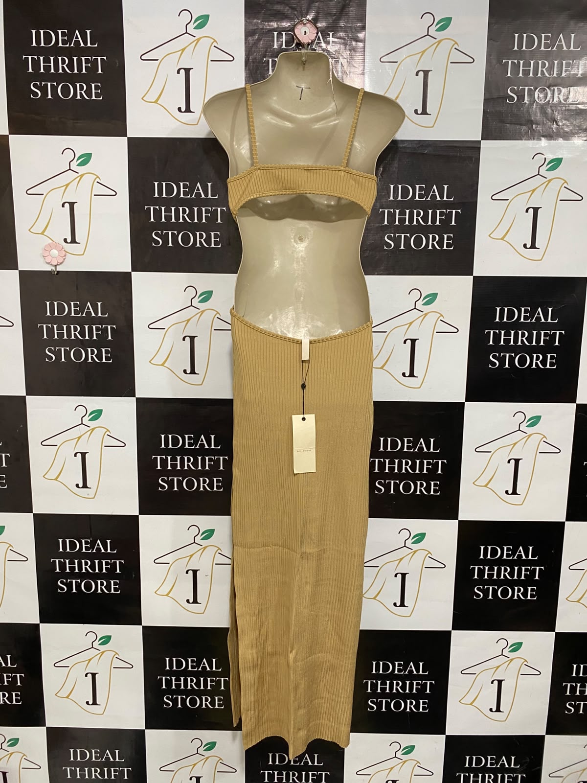 BEC BRIDGE |S| BUST 15| A62| BEIGE CUTOUT PLUNGE-NECK TECHNICAL UTILITY MIDI DRESS