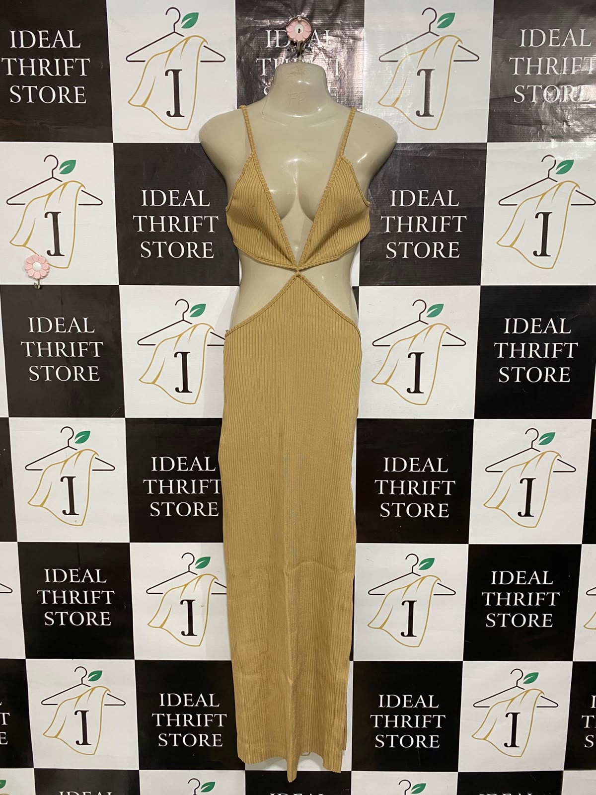 BEC BRIDGE |S| BUST 15| A62| BEIGE CUTOUT PLUNGE-NECK TECHNICAL UTILITY MIDI DRESS