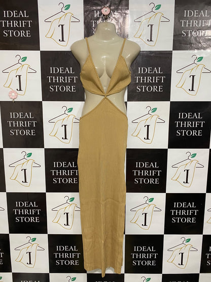 BEC BRIDGE |S| BUST 15| A62| BEIGE CUTOUT PLUNGE-NECK TECHNICAL UTILITY MIDI DRESS