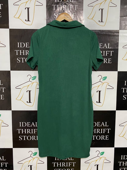SHEIN CURVE |XL| BUST 19| A62| EMERALD GREEN COLLARED V-NECK TECHNICAL UTILITY MINI DRESS