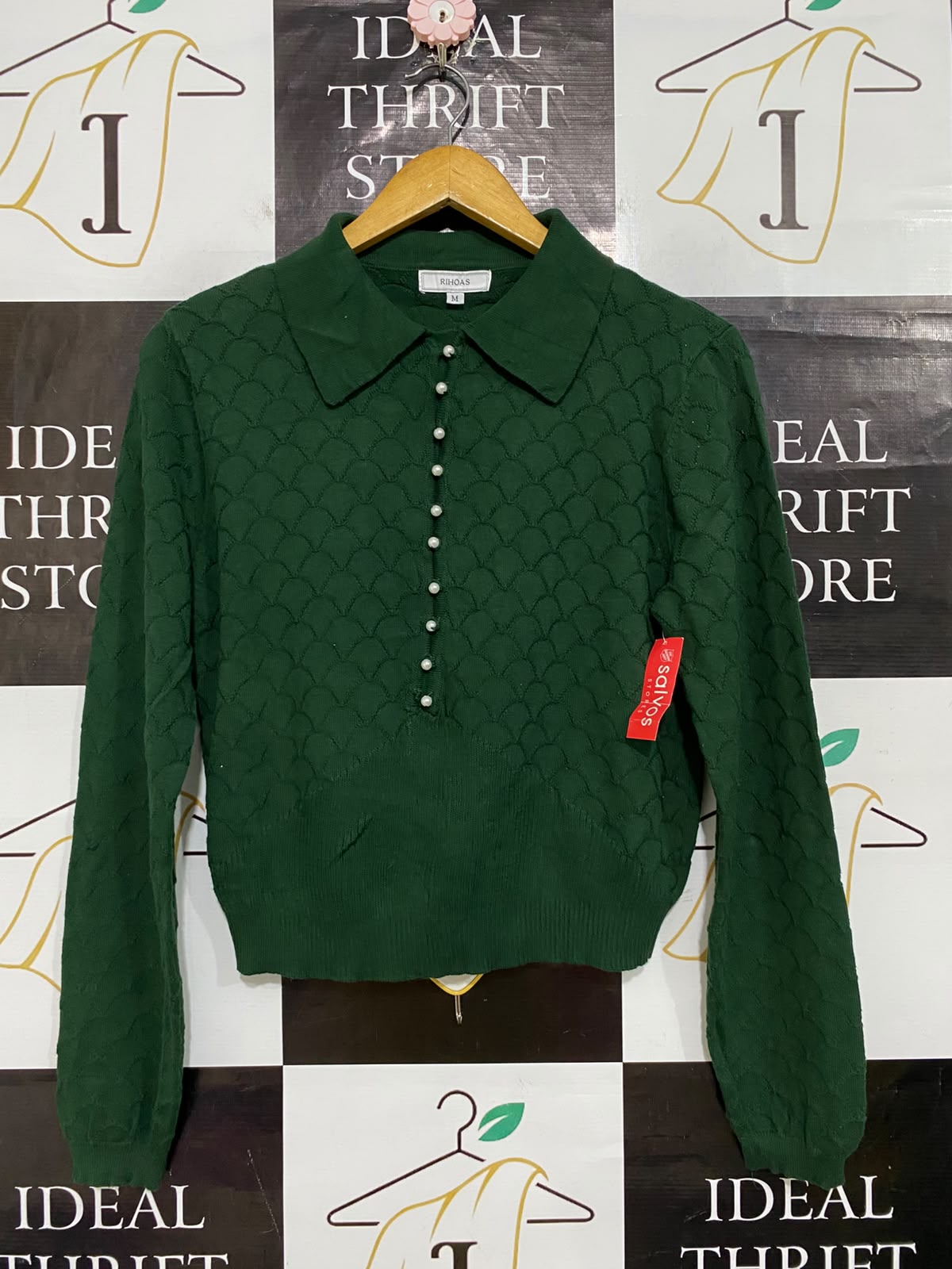 RIHOAS |M| BUST 18| A62| EMERALD GREEN PEARL-BUTTON COLLARED TECHNICAL UTILITY SWEATER