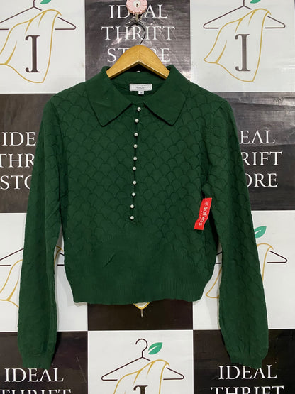RIHOAS |M| BUST 18| A62| EMERALD GREEN PEARL-BUTTON COLLARED TECHNICAL UTILITY SWEATER