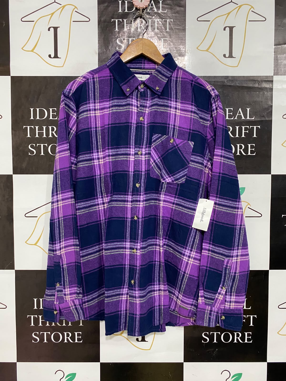 ALLGOOD |L| BUST 24| A62| PURPLE AND NAVY PLAID BUTTON-DOWN TECHNICAL UTILITY SHIRT