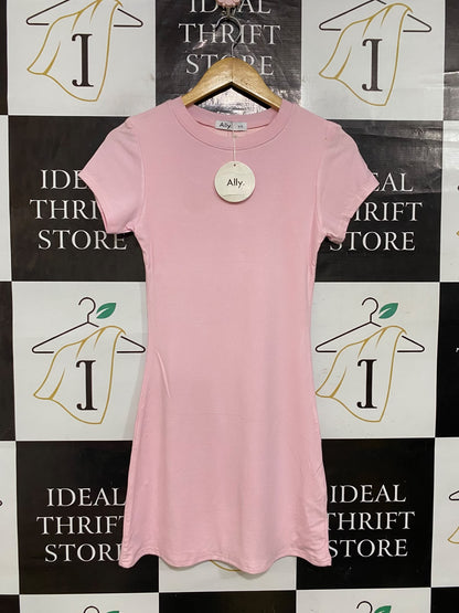 ALLY |S| BUST 14| A62| LIGHT PINK CREWNECK SHORT-SLEEVE TECHNICAL UTILITY MINI DRESS
