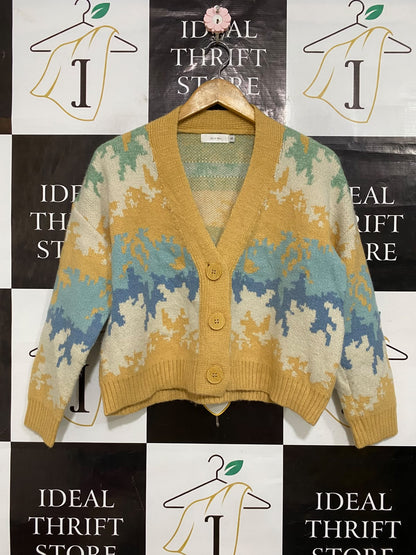KNIT MIX |S| BUST 22| A62| MULTI-COLOR ABSTRACT JACQUARD TECHNICAL UTILITY CARDIGAN