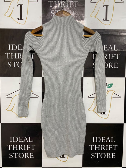 GUESS |XS| BUST 12| A62| GREY COLD-SHOULDER HALF-ZIP RIBBED TECHNICAL UTILITY MINI DRESS