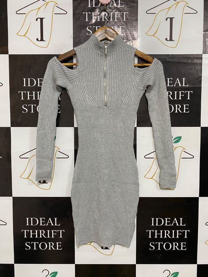 GUESS |XS| BUST 12| A62| GREY COLD-SHOULDER HALF-ZIP RIBBED TECHNICAL UTILITY MINI DRESS