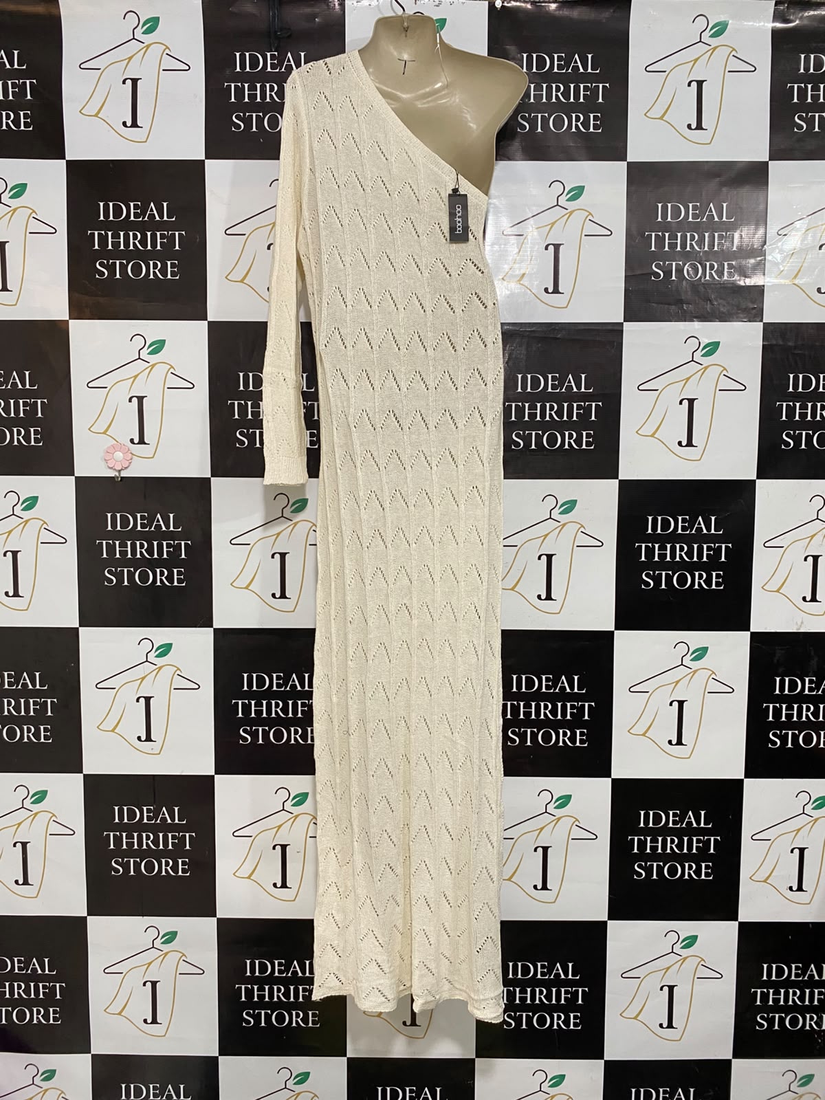 BOOHOO |M| BUST 20| A62| CREAM ONE-SHOULDER OPEN-KNIT TECHNICAL UTILITY MAXI DRESS