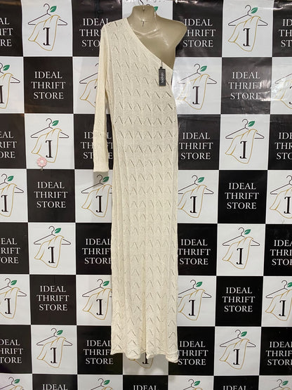 BOOHOO |M| BUST 20| A62| CREAM ONE-SHOULDER OPEN-KNIT TECHNICAL UTILITY MAXI DRESS