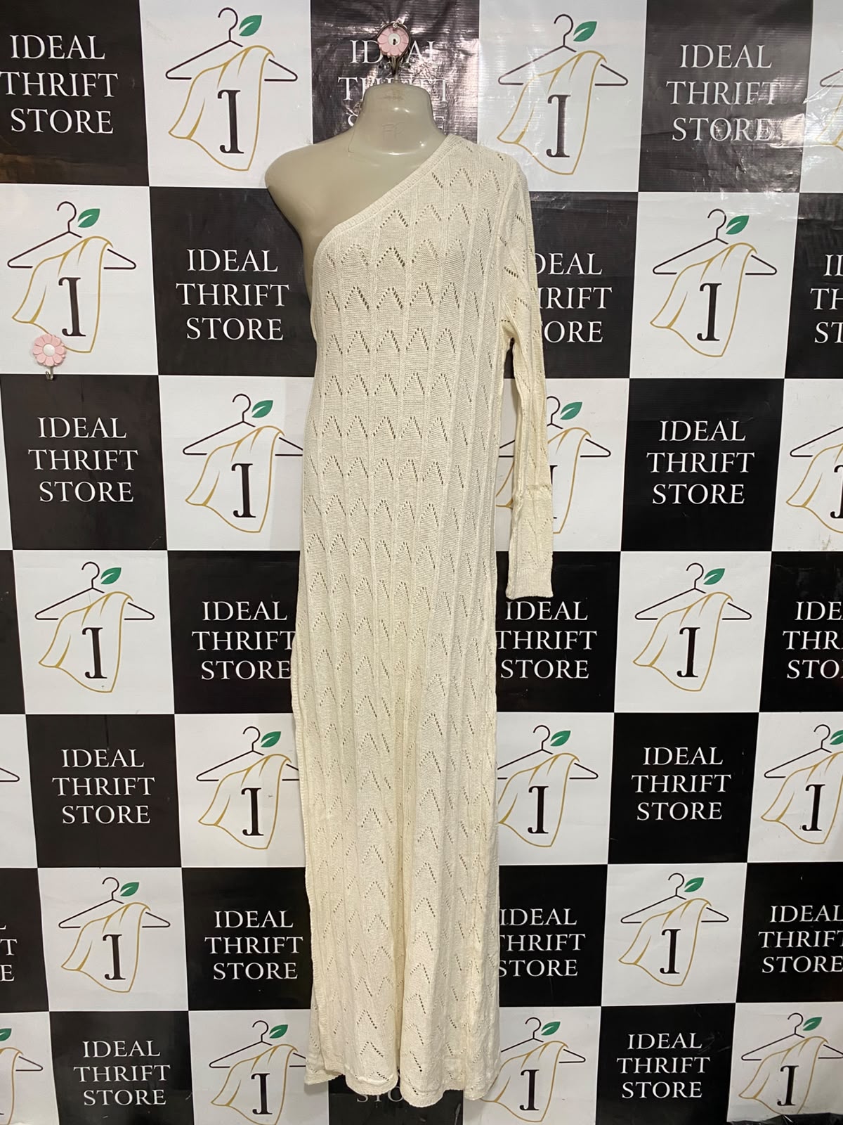 BOOHOO |M| BUST 20| A62| CREAM ONE-SHOULDER OPEN-KNIT TECHNICAL UTILITY MAXI DRESS