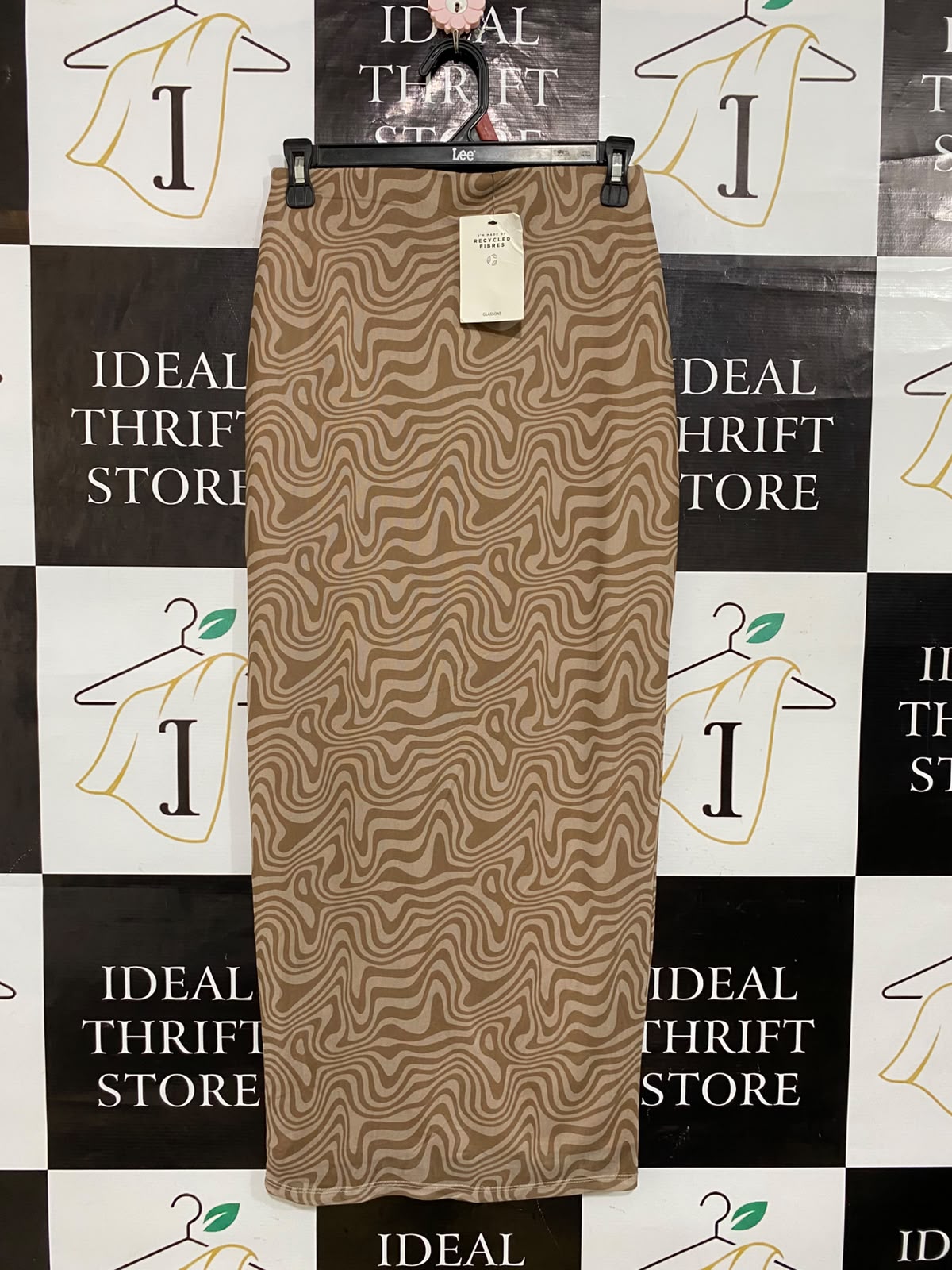 GLASSONS |S| WAIST 26| A61| BROWN SWIRL-PRINT HIGH-WAISTED TECHNICAL UTILITY MIDI SKIRT