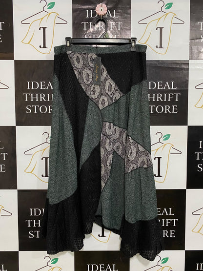 JENNY MAY |XL| WAIST 34| A61| PATCHWORK ANIMAL-PRINT METALLIC TECHNICAL UTILITY MIDI SKIRT