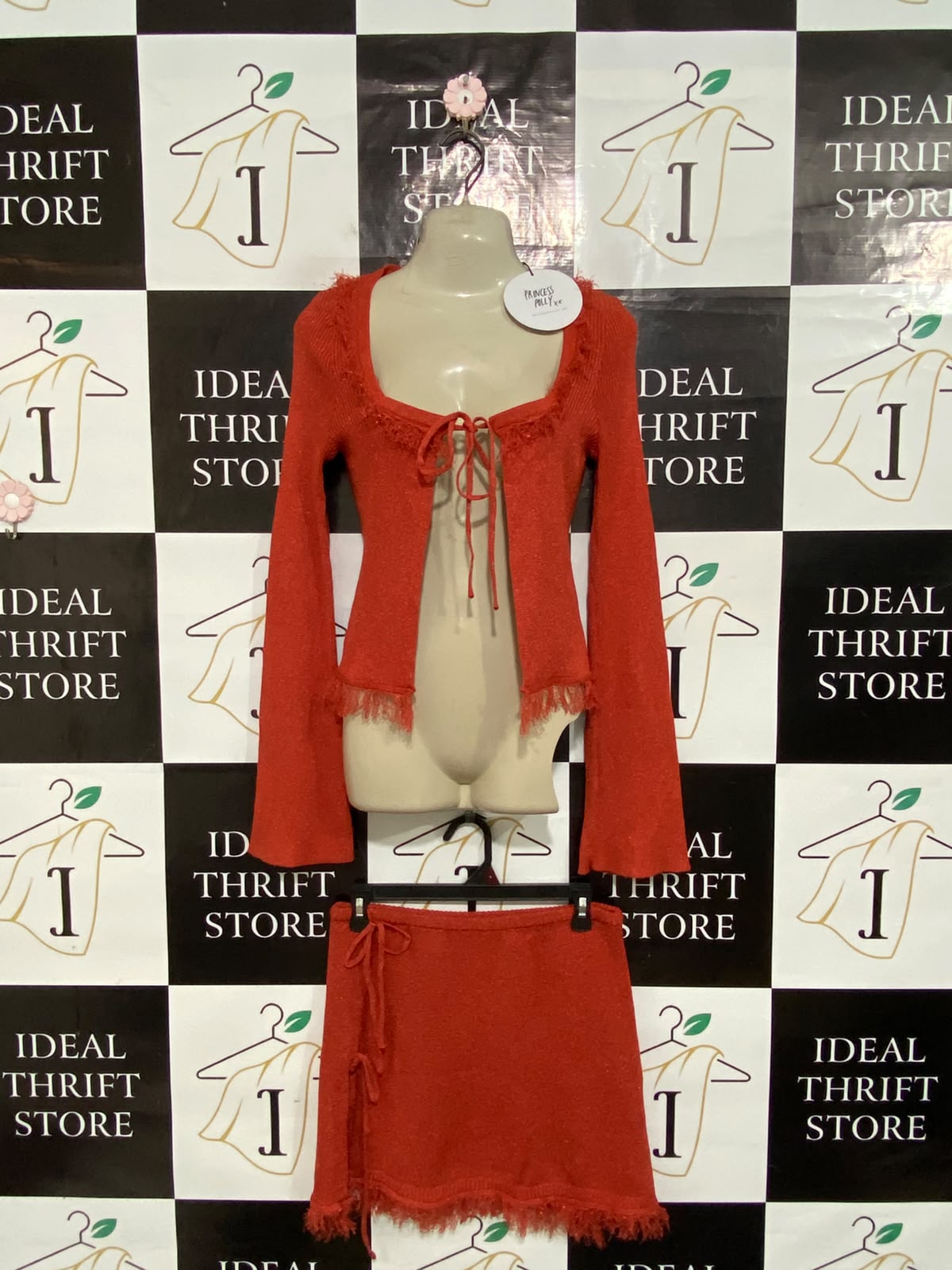PRINCESS POLLY |S| A61| RED TIE-FRONT KNIT TOP AND SKIRT SET