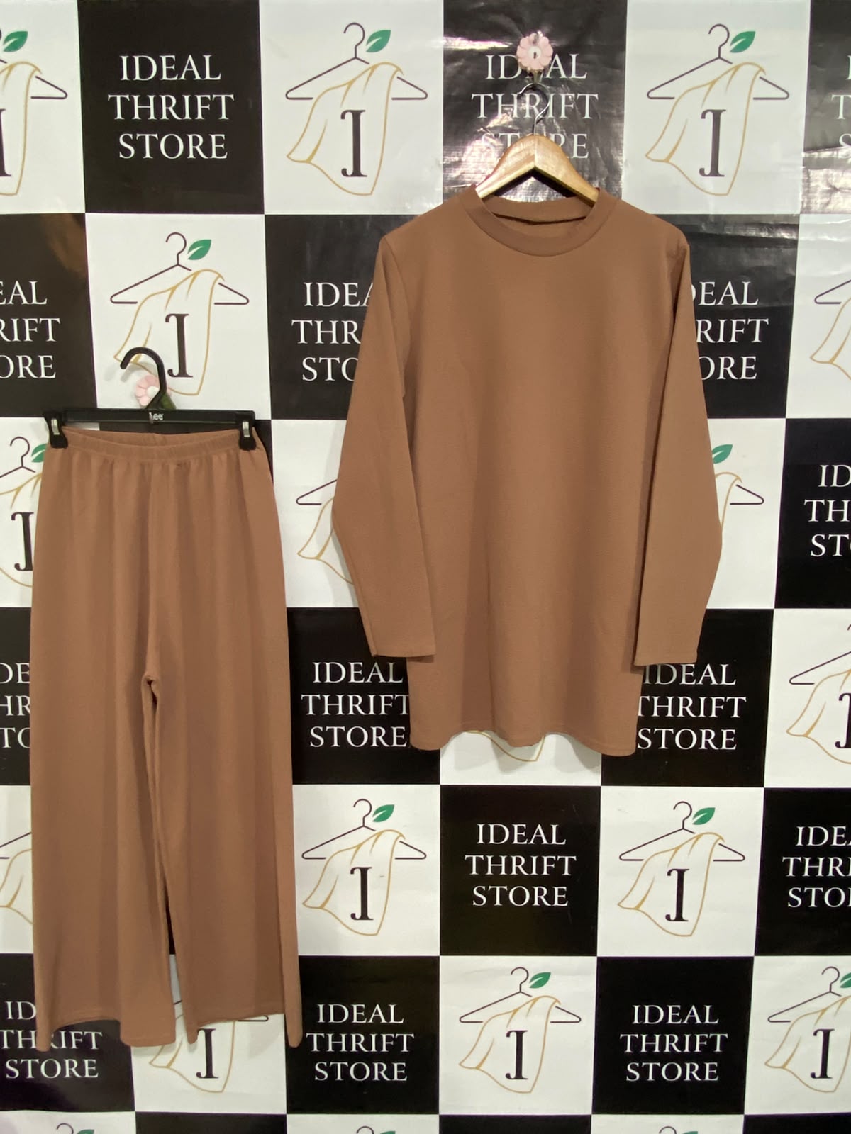 |S/M| A61| CAMEL BROWN LONG-SLEEVE TUNIC AND WIDE-LEG TECHNICAL UTILITY TWO-PIECE SET
