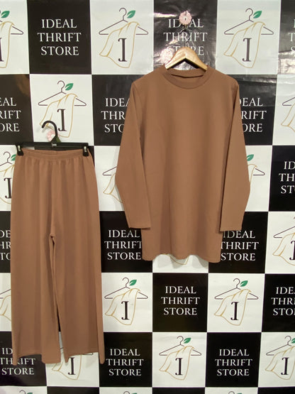 |S/M| A61| CAMEL BROWN LONG-SLEEVE TUNIC AND WIDE-LEG TECHNICAL UTILITY TWO-PIECE SET
