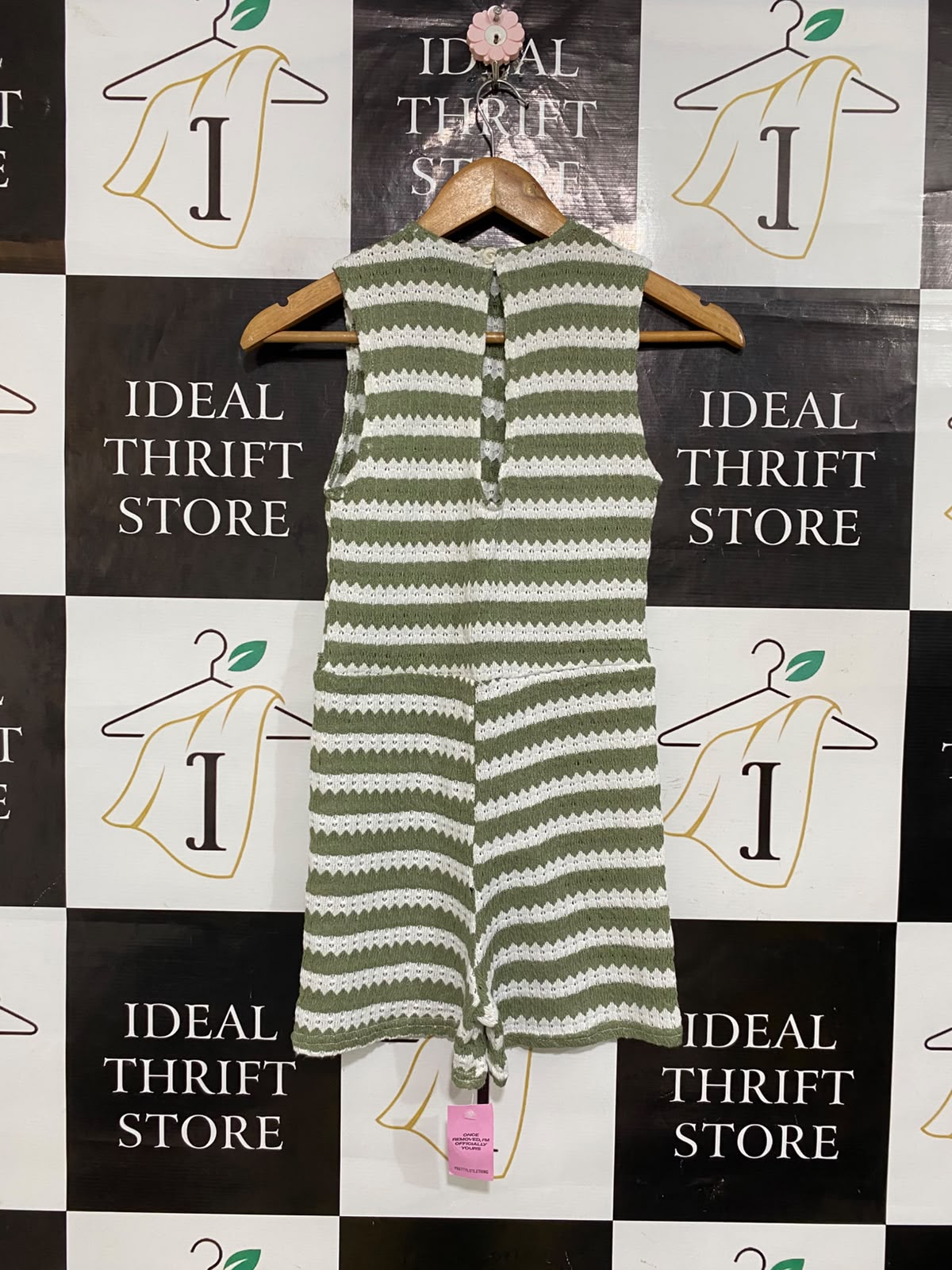 PRETTYLITTLE THING |S| BUST 14| A61| OLIVE AND WHITE STRIPED OPEN-KNIT TECHNICAL UTILITY ROMPER