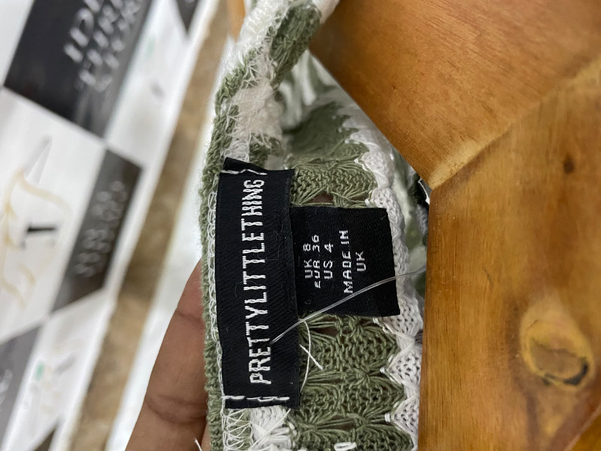 PRETTYLITTLE THING |S| BUST 14| A61| OLIVE AND WHITE STRIPED OPEN-KNIT TECHNICAL UTILITY ROMPER