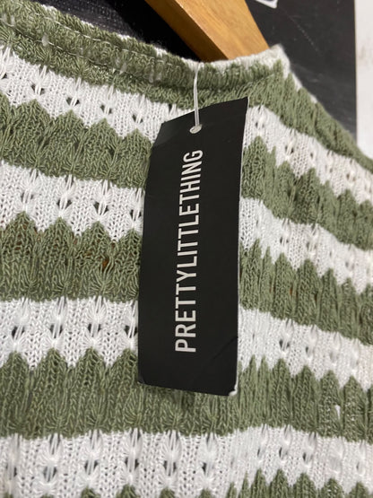 PRETTYLITTLE THING |S| BUST 14| A61| OLIVE AND WHITE STRIPED OPEN-KNIT TECHNICAL UTILITY ROMPER