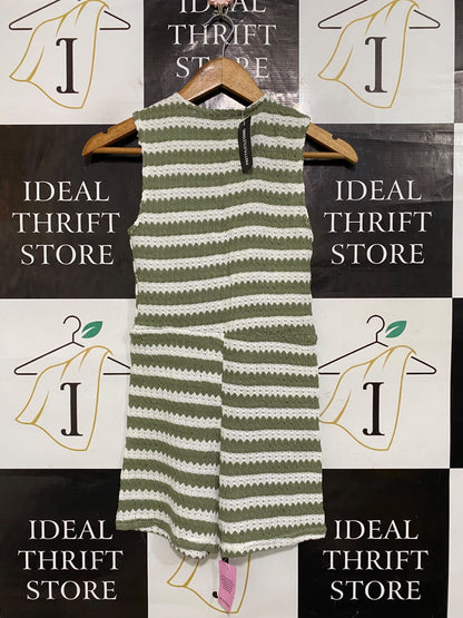 PRETTYLITTLE THING |S| BUST 14| A61| OLIVE AND WHITE STRIPED OPEN-KNIT TECHNICAL UTILITY ROMPER