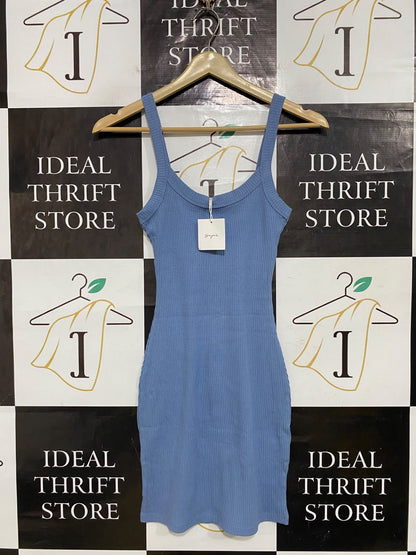 SUPRE |XS| BUST 12| A61| DUSTY BLUE SCOOP-NECK RIBBED TECHNICAL UTILITY MINI DRESS