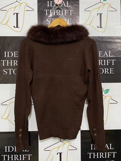 VERMANI |S| BUST 17| A61| DARK BROWN FAUX-FUR TRIM BUTTON-UP TECHNICAL UTILITY CARDIGAN