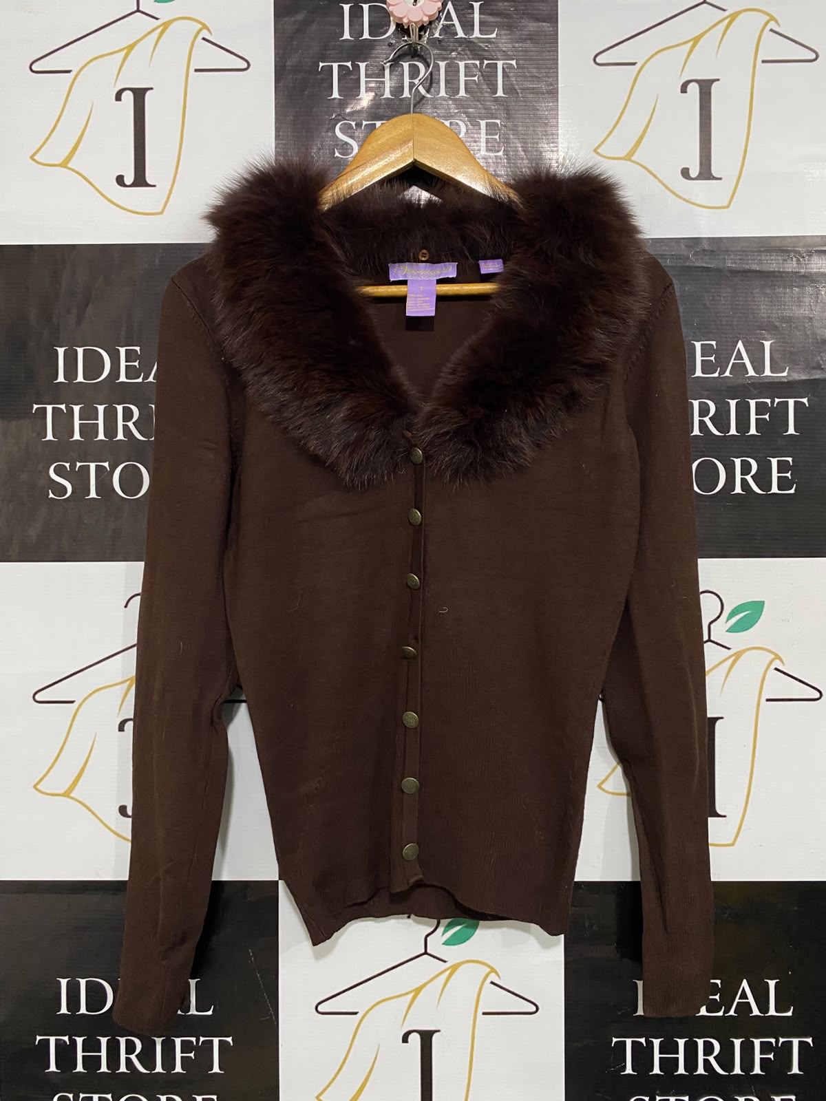 VERMANI |S| BUST 17| A61| DARK BROWN FAUX-FUR TRIM BUTTON-UP TECHNICAL UTILITY CARDIGAN