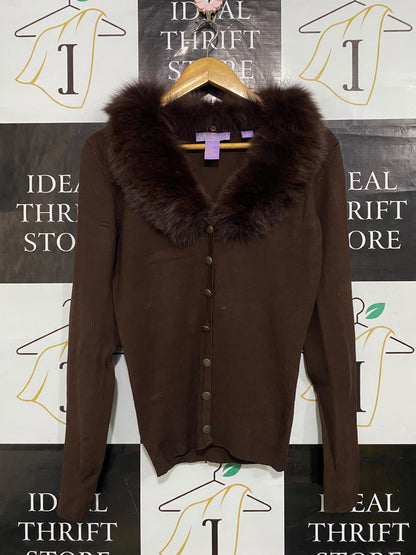VERMANI |S| BUST 17| A61| DARK BROWN FAUX-FUR TRIM BUTTON-UP TECHNICAL UTILITY CARDIGAN
