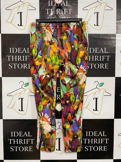 ADIDAS |L| WAIST 30| A61| MULTICOLOR TROPICAL BIRD-PRINT THREE-STRIPE TECHNICAL UTILITY TRACK PANTS