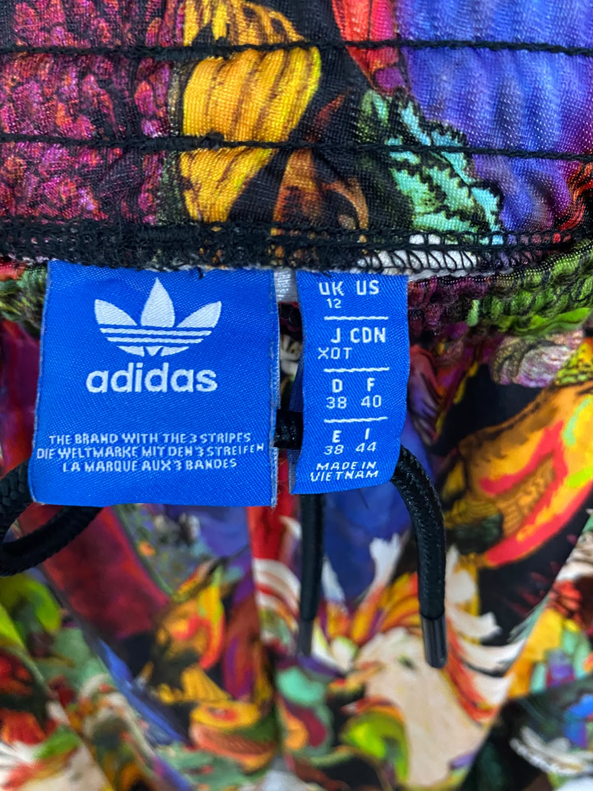 ADIDAS |L| WAIST 30| A61| MULTICOLOR TROPICAL BIRD-PRINT THREE-STRIPE TECHNICAL UTILITY TRACK PANTS
