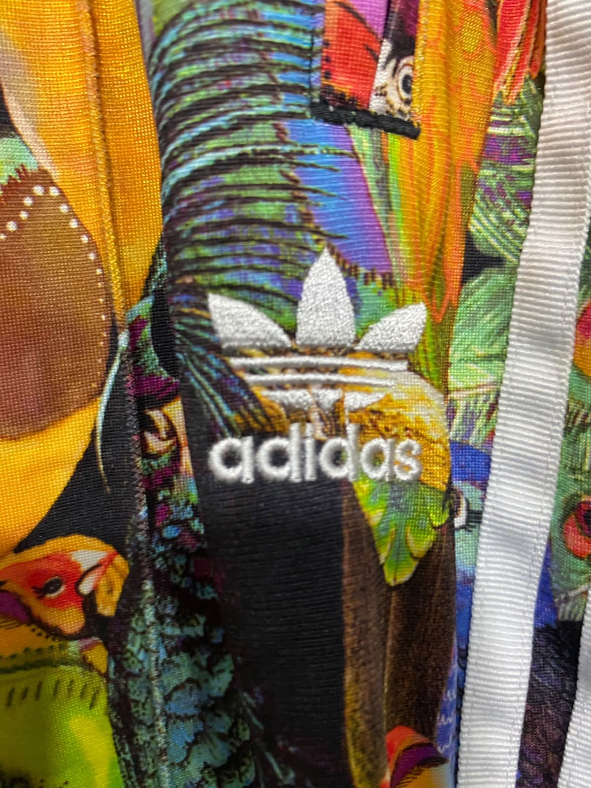 ADIDAS |L| WAIST 30| A61| MULTICOLOR TROPICAL BIRD-PRINT THREE-STRIPE TECHNICAL UTILITY TRACK PANTS