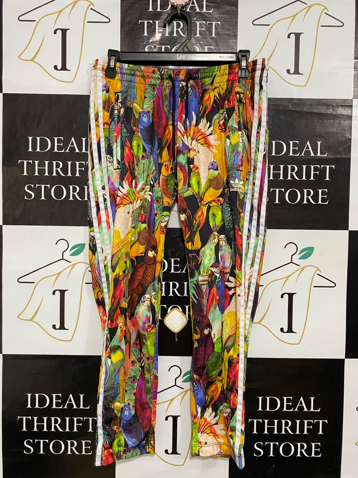 ADIDAS |L| WAIST 30| A61| MULTICOLOR TROPICAL BIRD-PRINT THREE-STRIPE TECHNICAL UTILITY TRACK PANTS