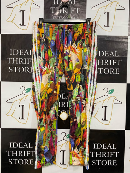 ADIDAS |L| WAIST 30| A61| MULTICOLOR TROPICAL BIRD-PRINT THREE-STRIPE TECHNICAL UTILITY TRACK PANTS