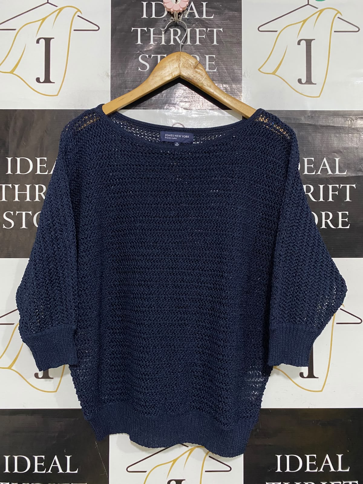 JONES NEW YORK |M| BUST 23| A61| YORK NAVY BLUE OPEN-KNIT BOAT-NECK TECHNICAL UTILITY SWEATER
