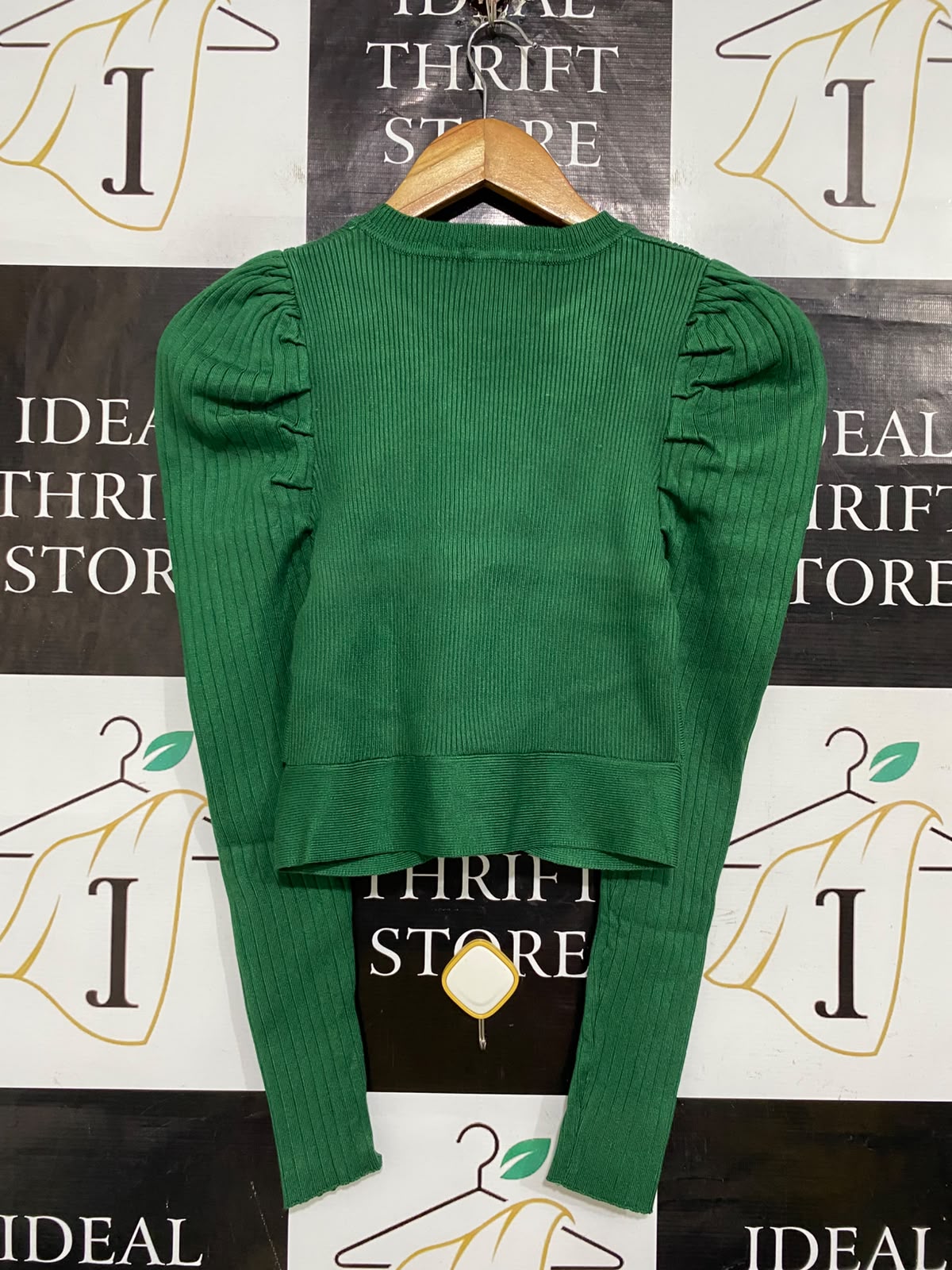 HO DOESNT KNOW WHY |S| BUST 12| A61| EMERALD GREEN PUFF-SHOULDER WRAP-HEM TECHNICAL UTILITY TOP