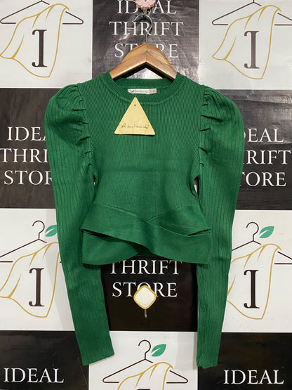 HO DOESNT KNOW WHY |S| BUST 12| A61| EMERALD GREEN PUFF-SHOULDER WRAP-HEM TECHNICAL UTILITY TOP
