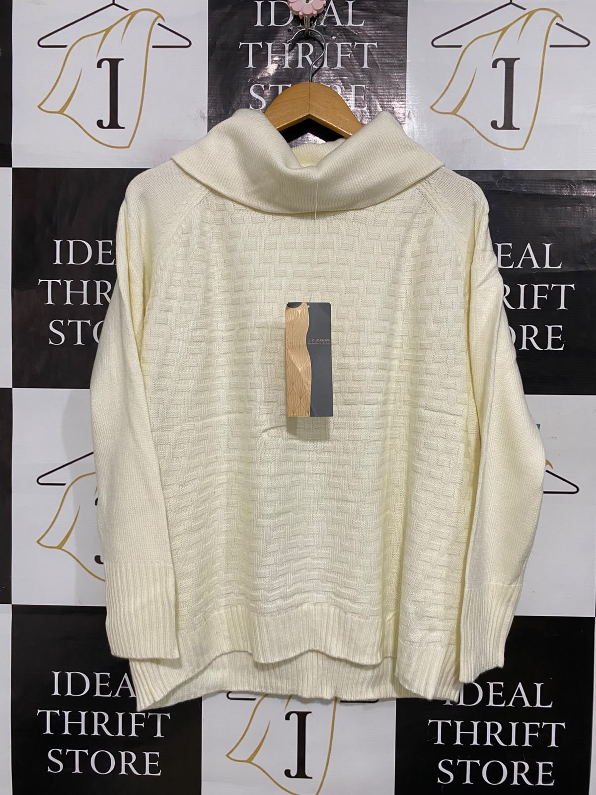 LIZ JORDAN |L| BUST 22| A61| OFF-WHITE COWL-NECK TEXTURED TECHNICAL UTILITY SWEATER