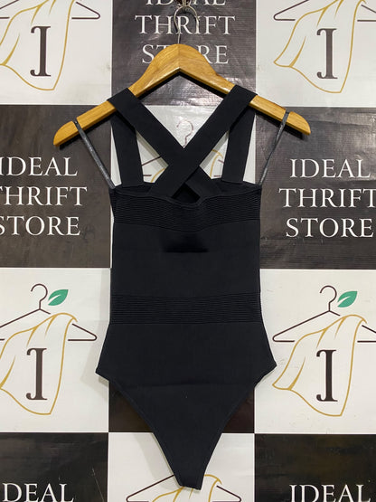 FOREVER NEW |XS| BUST 11| A61| BLACK CROSSOVER-STRAP RIBBED TECHNICAL UTILITY BODYSUIT