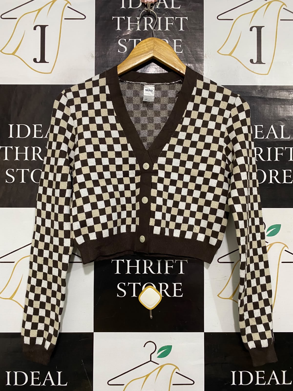ANKO |S| BUST 17| A61| BROWN AND WHITE CHECKERED CROPPED BUTTON-UP TECHNICAL UTILITY CARDIGAN