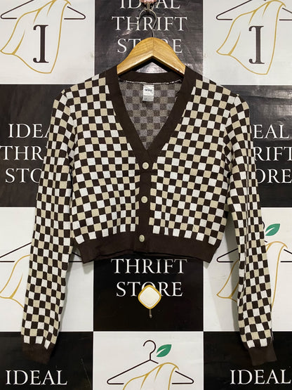 ANKO |S| BUST 17| A61| BROWN AND WHITE CHECKERED CROPPED BUTTON-UP TECHNICAL UTILITY CARDIGAN