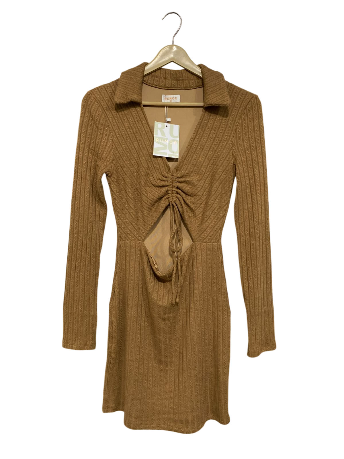 RUMOR |M| BUST 15| A62| CAMEL RIBBED COLLARED CUTOUT TECHNICAL UTILITY MINI DRESS