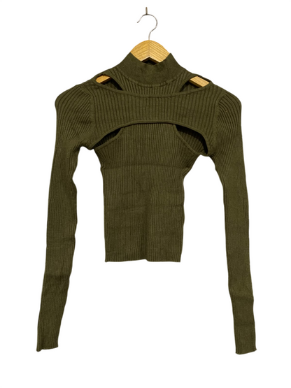 SHEIN MOD |S| BUST 12| A62| OLIVE GREEN RIBBED MOCK-NECK CUTOUT TECHNICAL UTILITY CROP TOP