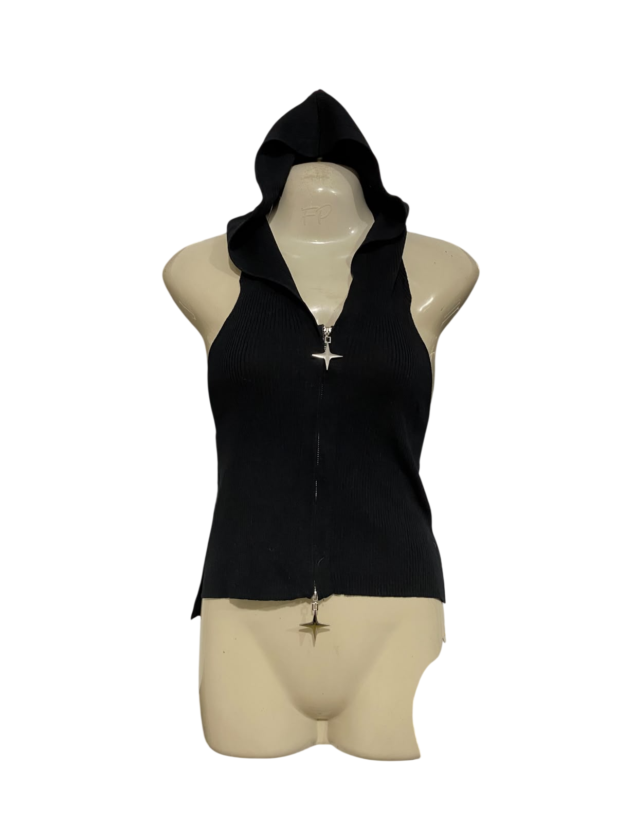 |S| BUST 15| A62| BLACK RIBBED HOODED ZIP-UP TECHNICAL UTILITY HALTER TOP