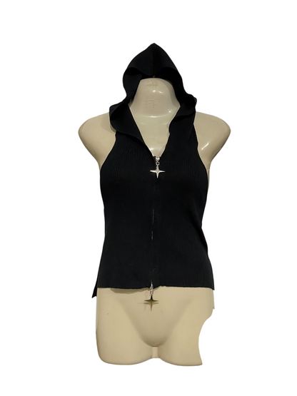 |S| BUST 15| A62| BLACK RIBBED HOODED ZIP-UP TECHNICAL UTILITY HALTER TOP
