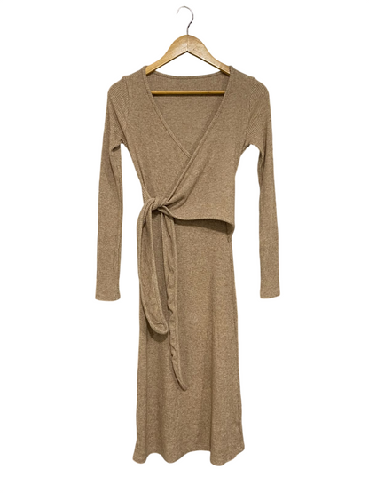 YAOMI |S| BUST 15| A62| TAUPE RIBBED WRAP-FRONT TECHNICAL UTILITY MIDI DRESS