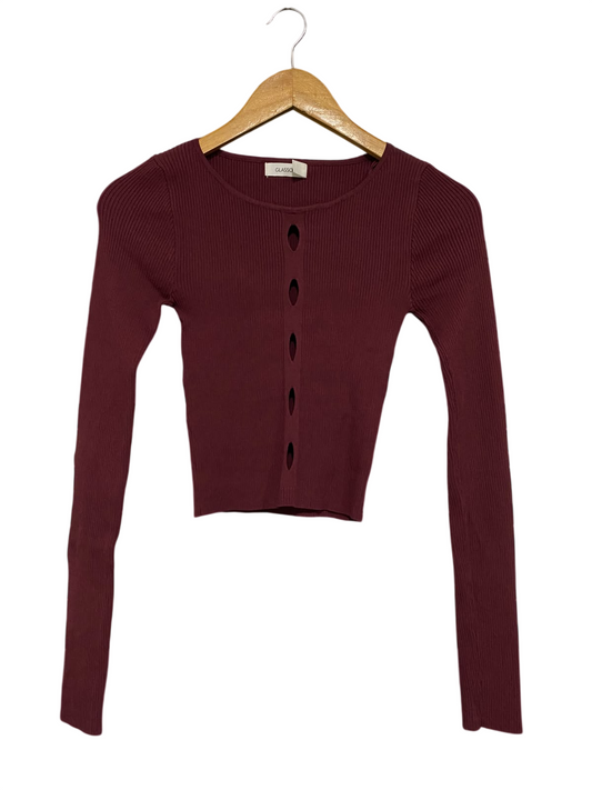 GLASSONS |XS| BUST 11| A62| BURGUNDY RIBBED KEYHOLE-FRONT  CROP TOP