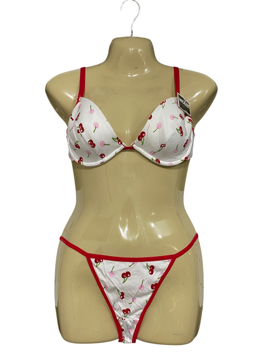 INTIMATES |L| A62| WHITE AND RED CHERRY-PRINT LINGERIE SET