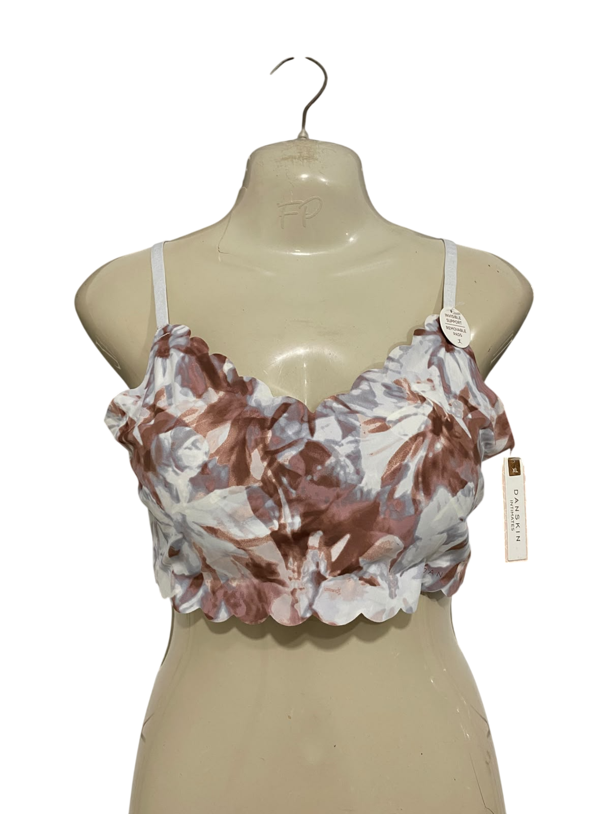 DANSKIN |XL| BUST 17| A62| BROWN AND WHITE FLORAL SCALLOPED TECHNICAL UTILITY CROP TOP