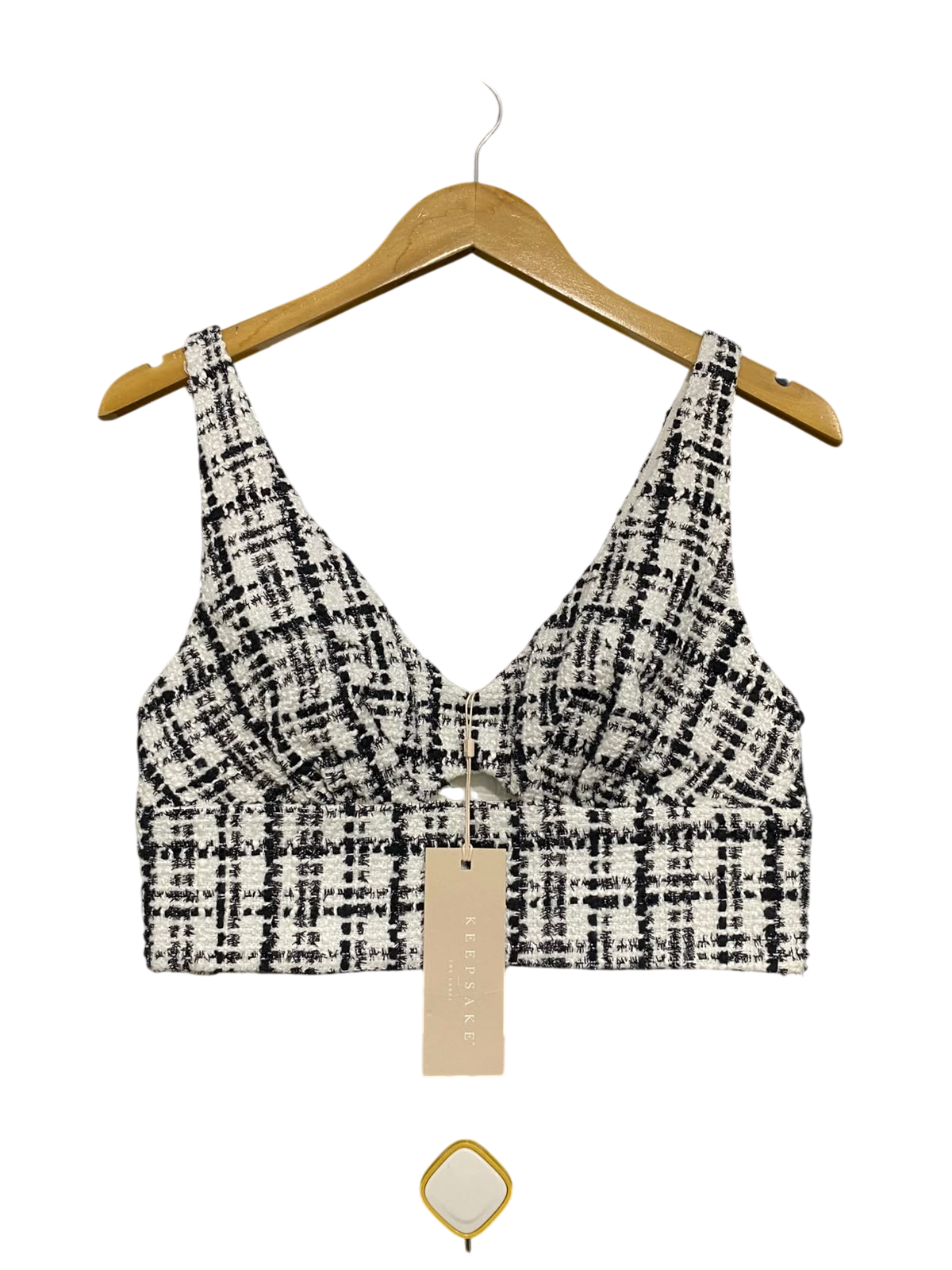 KEEPSAKE |M| BUST 16| A62| BLACK AND WHITE TWEED V-NECK TECHNICAL UTILITY CROP TOP